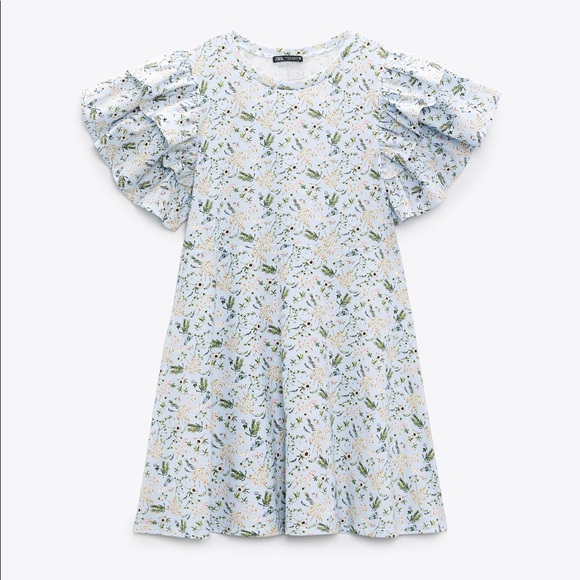 Zara Blue Floral Ruffled Print Dress - Picture 1 of 10